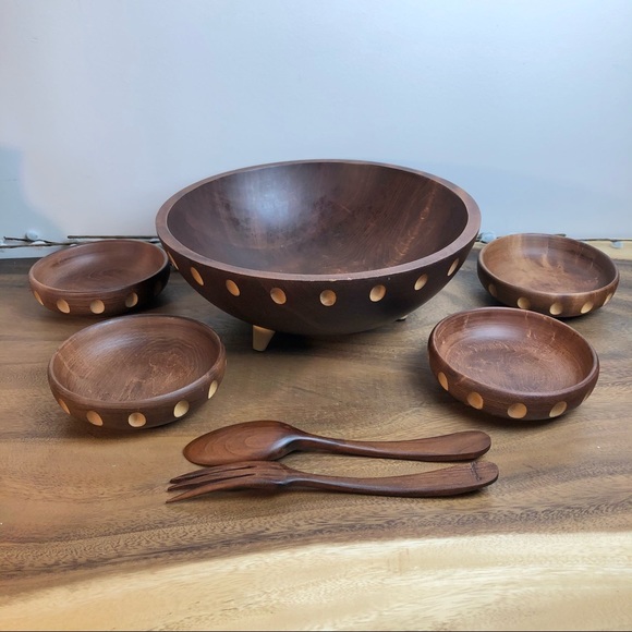 Vintage Baribocraft Wood Salad Bowl Serving Set